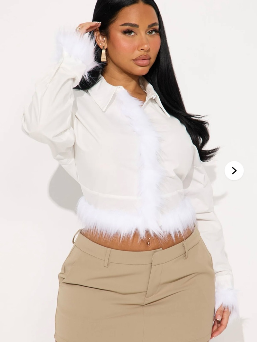White Faux Fur Trim Cropped Shirt